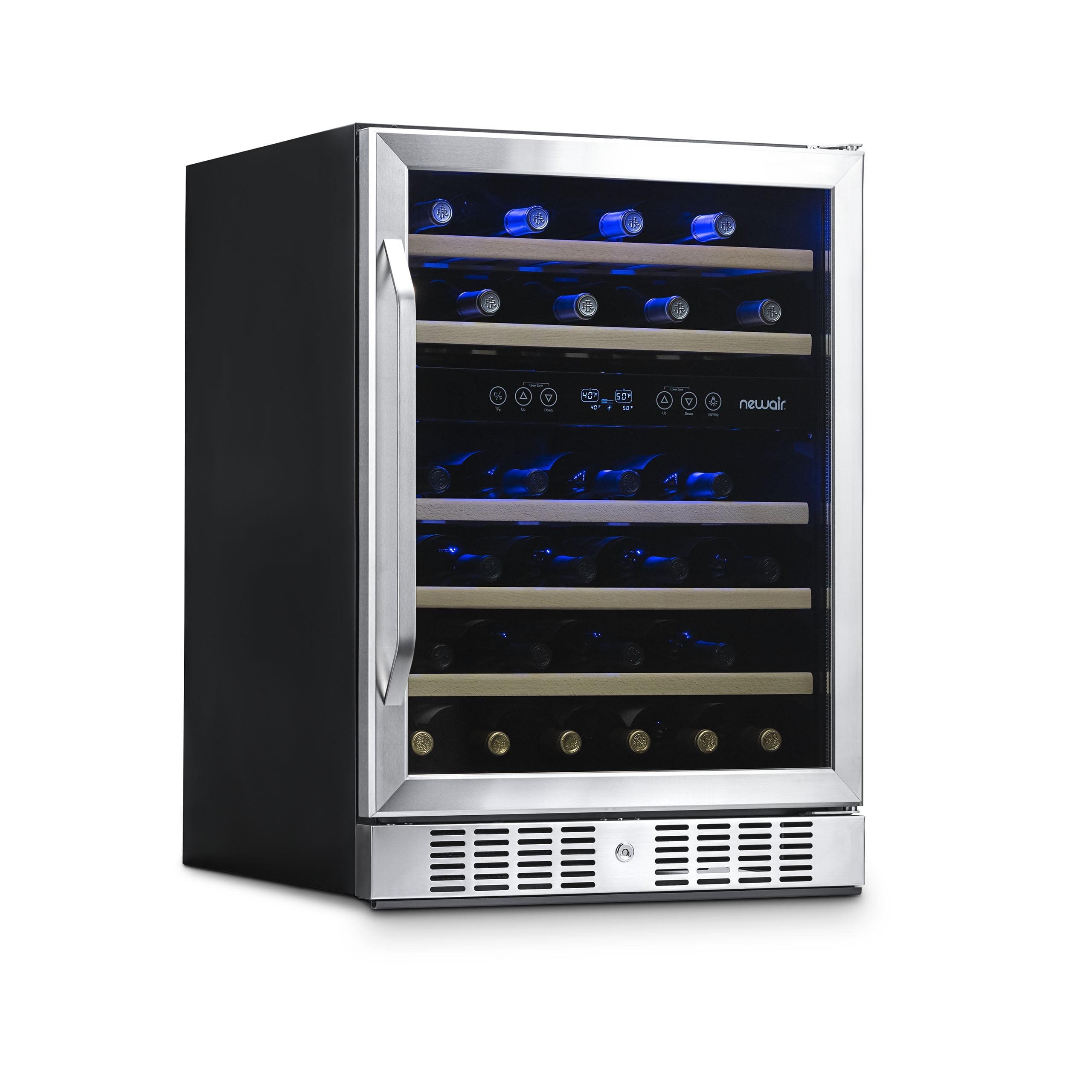 Newair 24” Built-in 46 Bottle Dual Zone Wine Cooler with Removable Beechwood Shelves in Black Stainless Steel