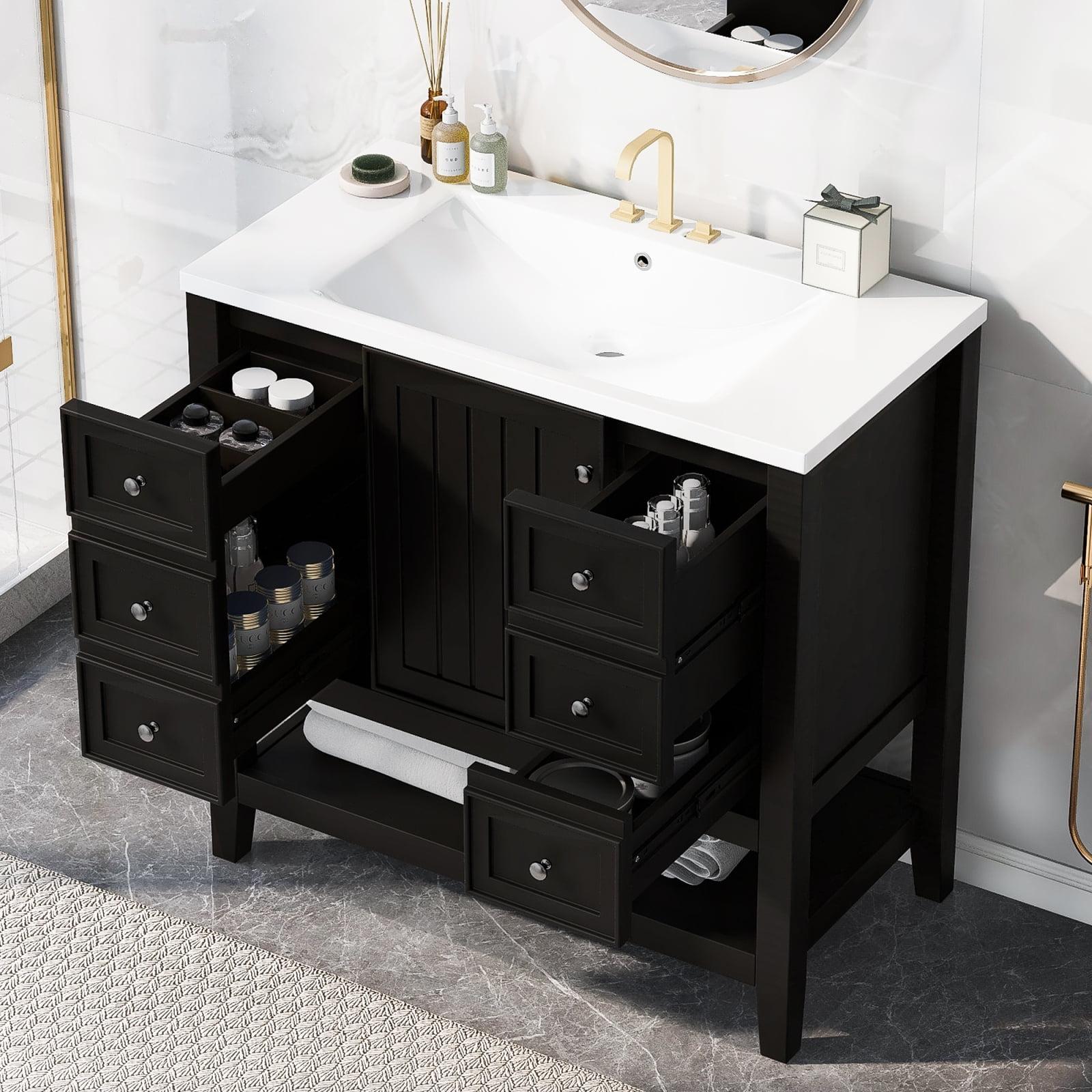 36" Black Freestanding Bathroom Vanity with Ceramic Sink and Storage