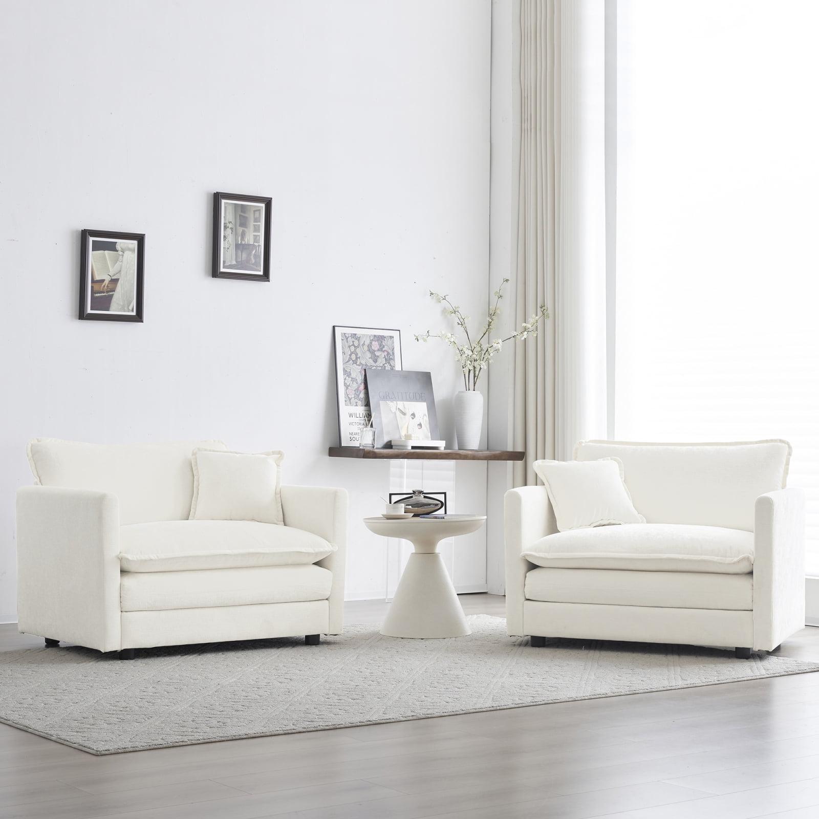 White Chenille Upholstered Armchair Set with Toss Pillows