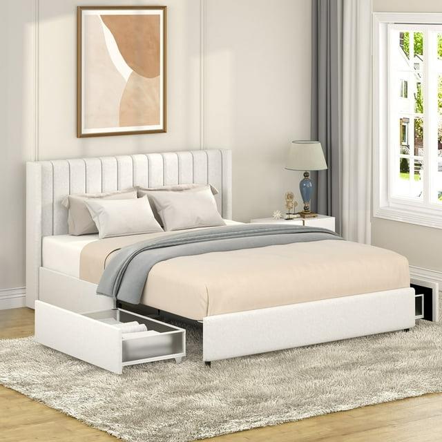 Ivory Boucle Upholstered Queen Bed with Tufted Headboard and Storage Drawers