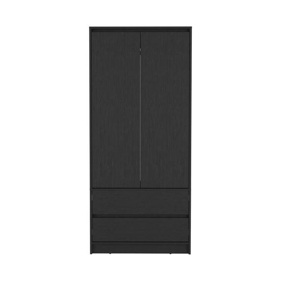 DeeHome Austin 2 Drawers Armoire, Double Door, Hanging Rod -Black