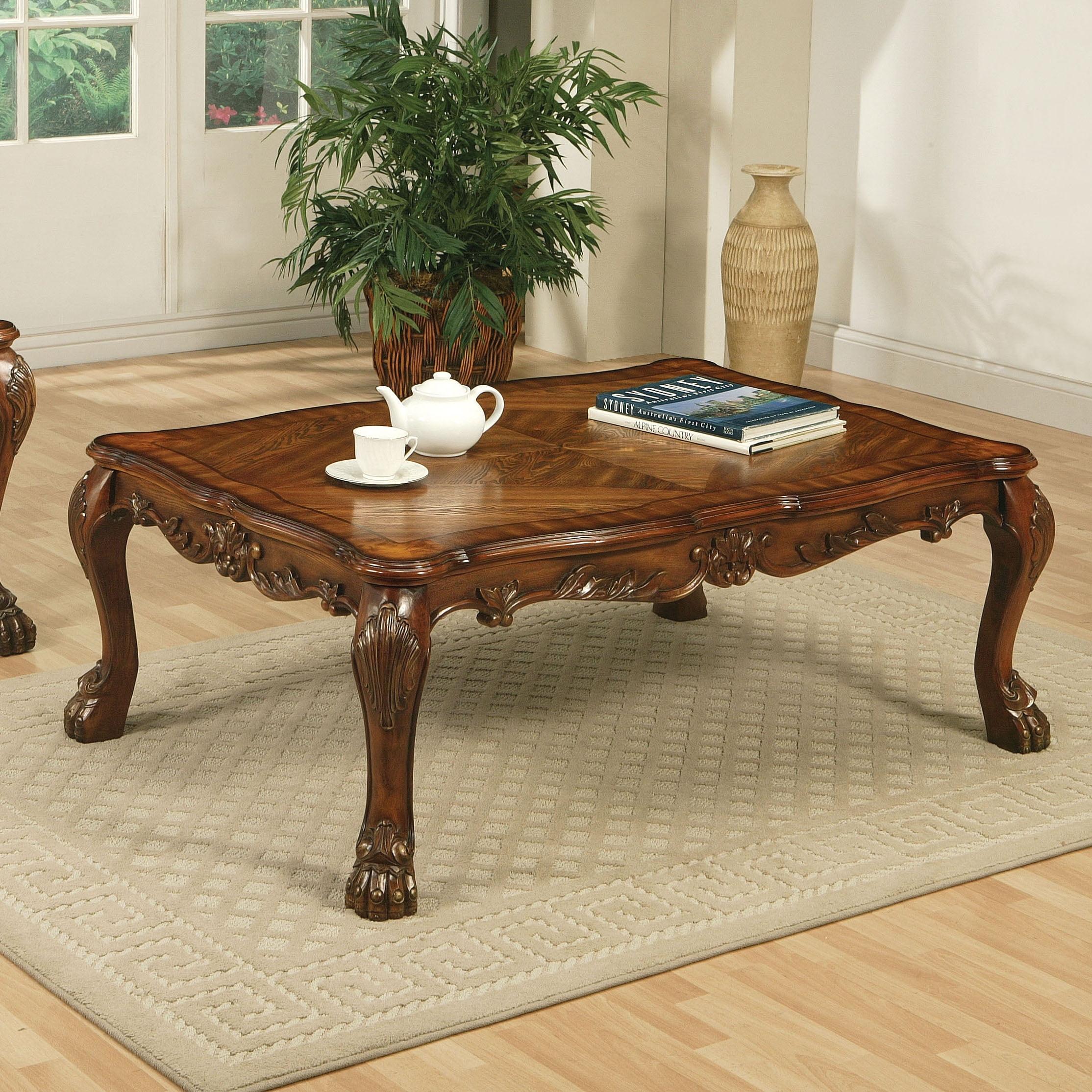 Cherry Oak Coffee Table with Claw Legs and Floral Motifs