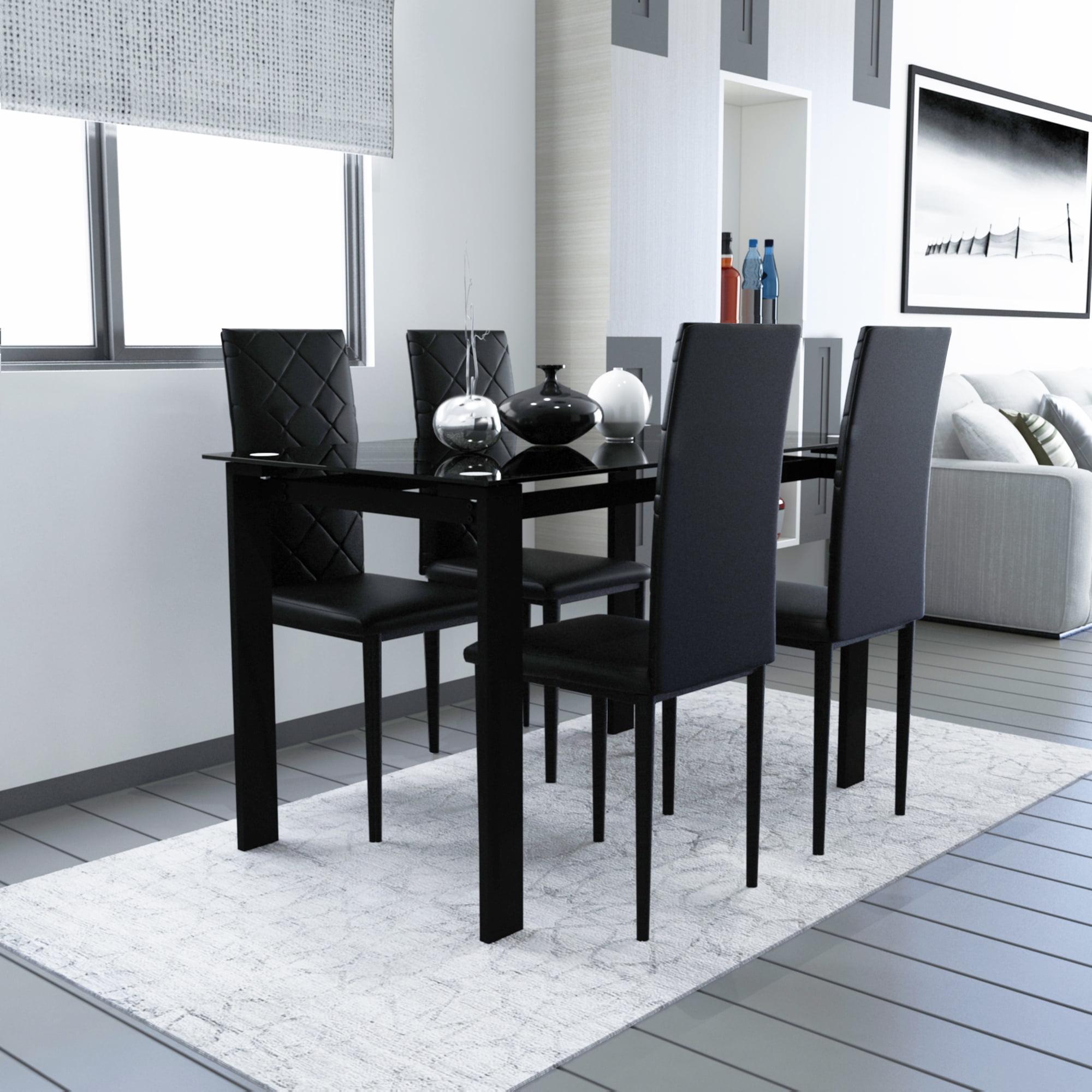 Black Leather Dining Chair Set with High Back and Metal Legs