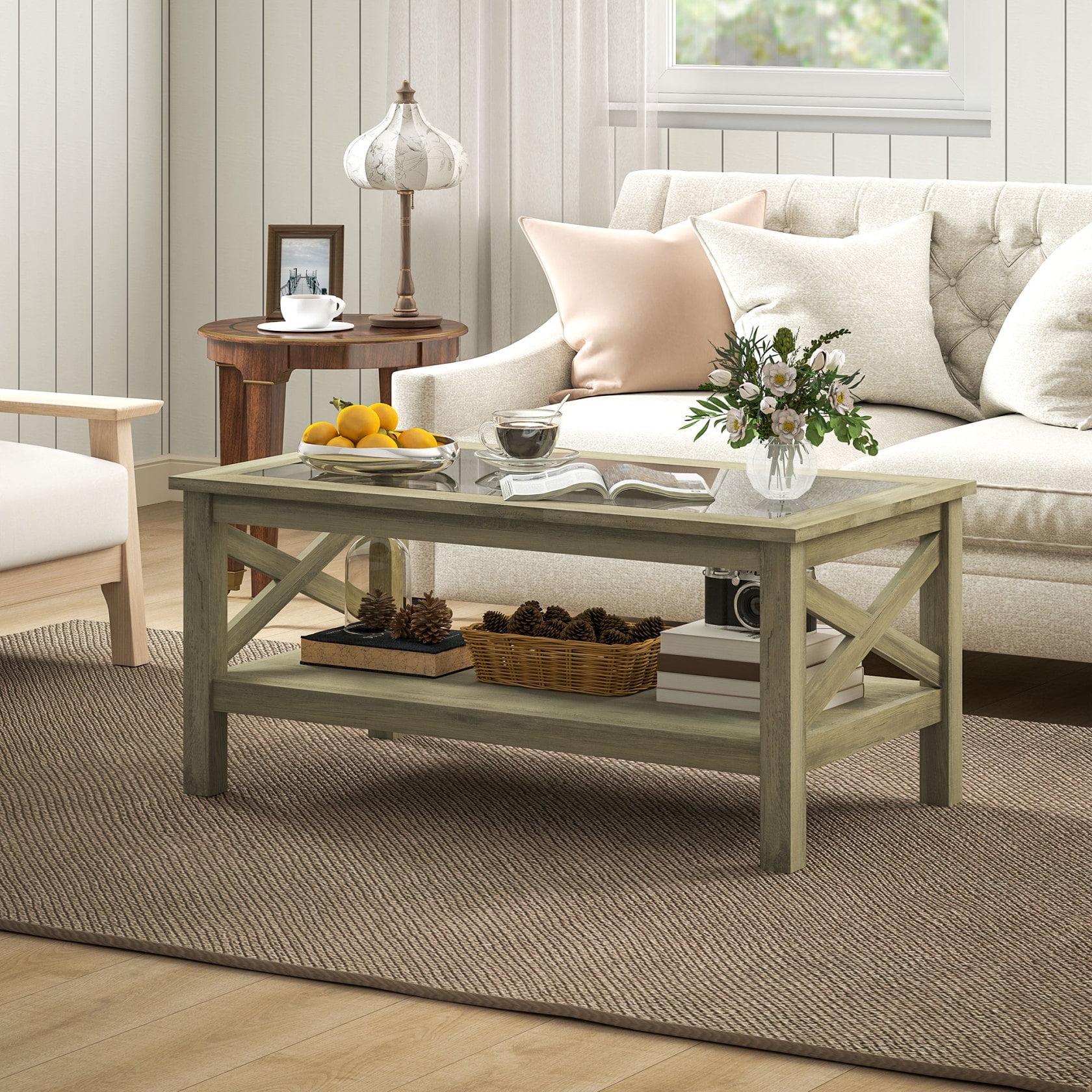 Gracie Oaks Glass Coffee Table, Modern Farmhouse Center Table With Storage, Side Table For Living Room With Classic X-Bar Style Sides
