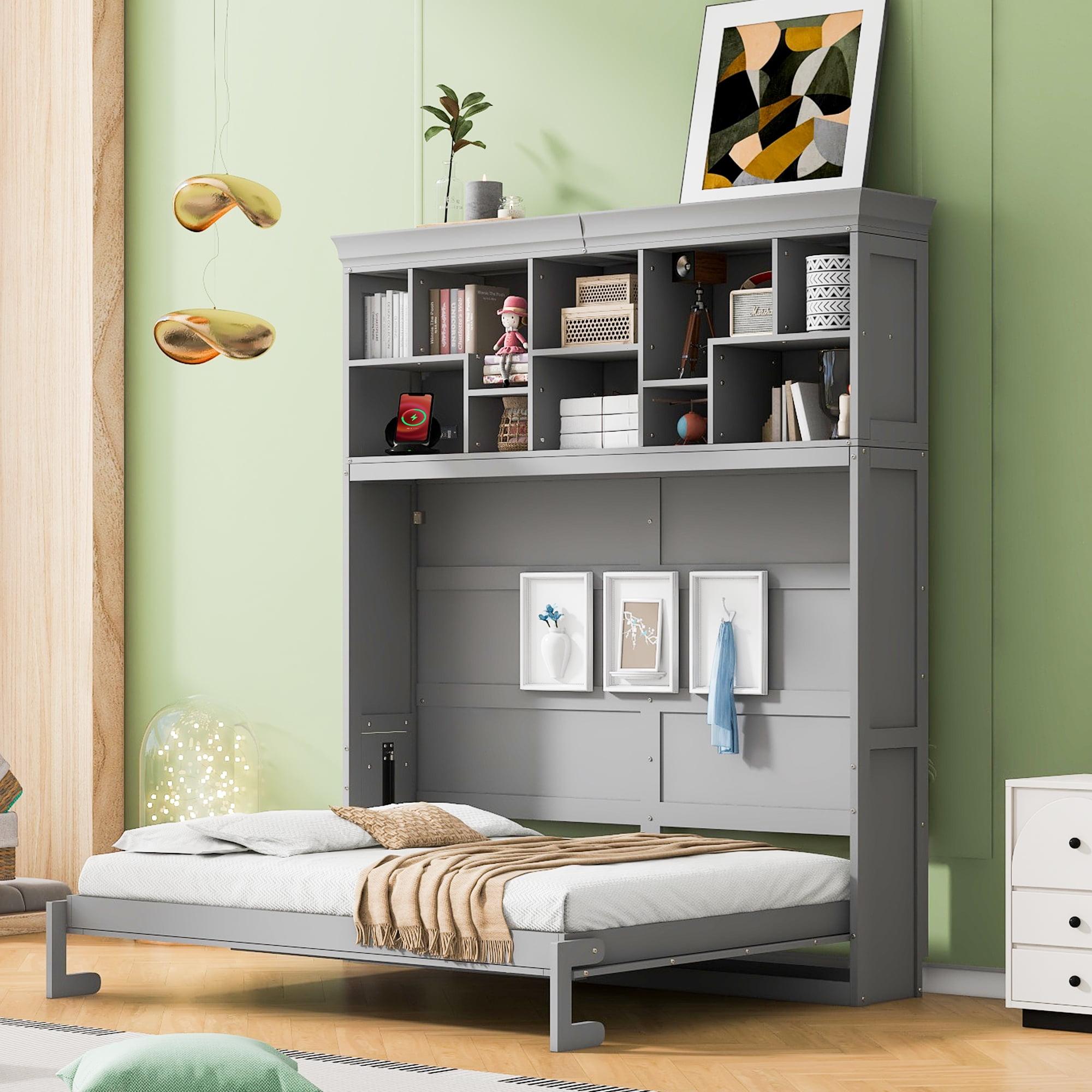 Gray Queen Murphy Bed with Bookcase and USB Ports