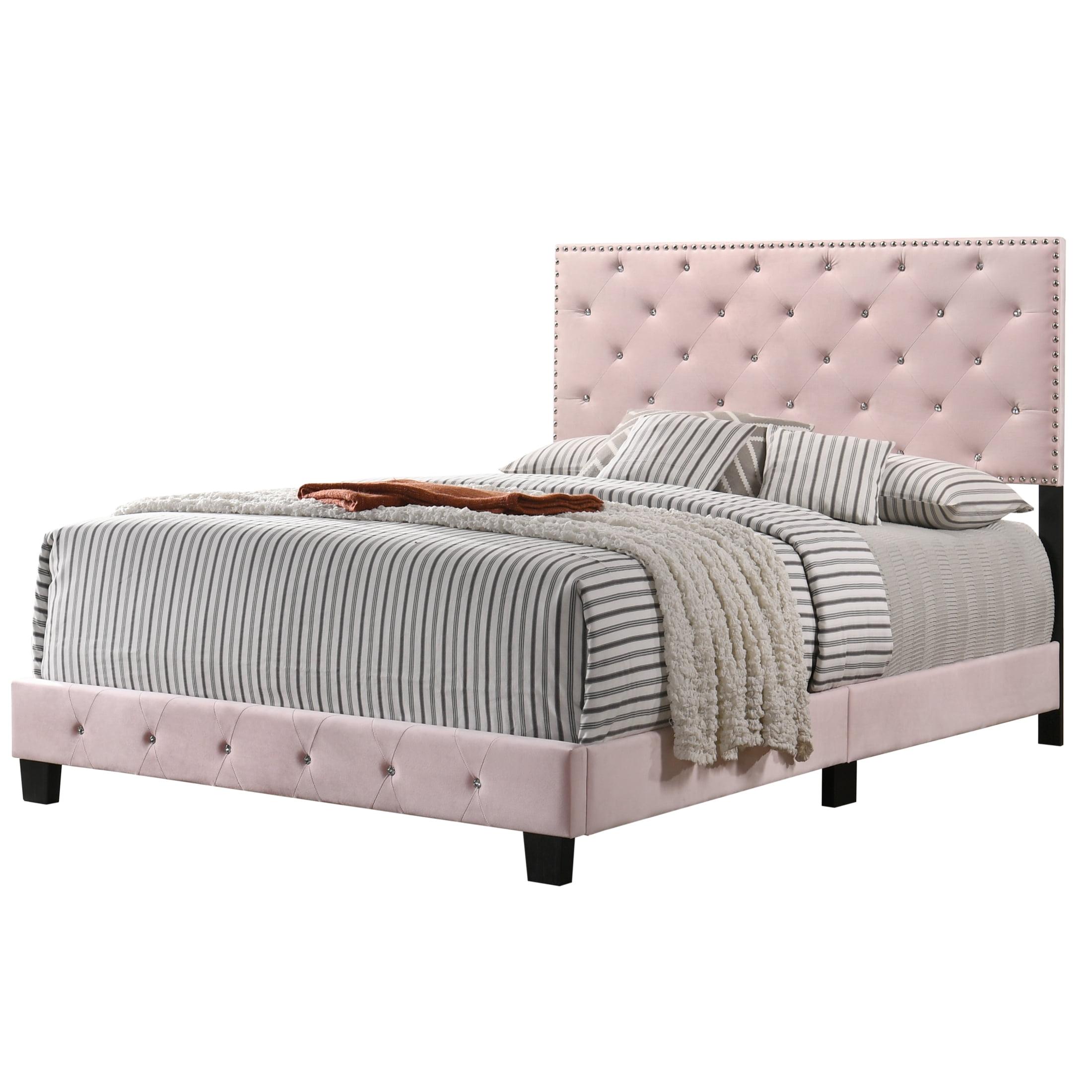 Pink Velvet Full Bed with Tufted Upholstered Headboard