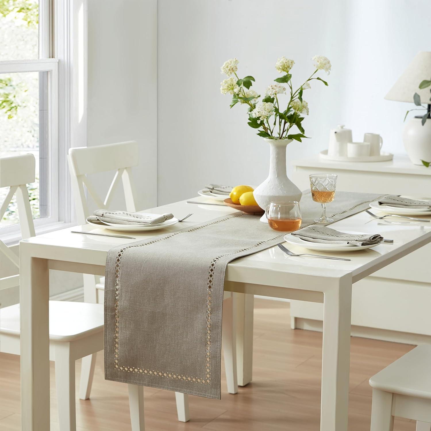 Newbridge Provence Lattice Cutwork Solid Color Textured Fabric Table Runner, 70 Inch Long, Taupe