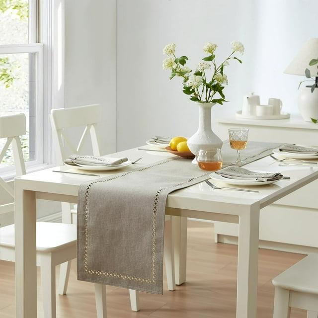 Newbridge Provence Lattice Cutwork Solid Color Textured Fabric Table Runner, 70 Inch Long, Taupe