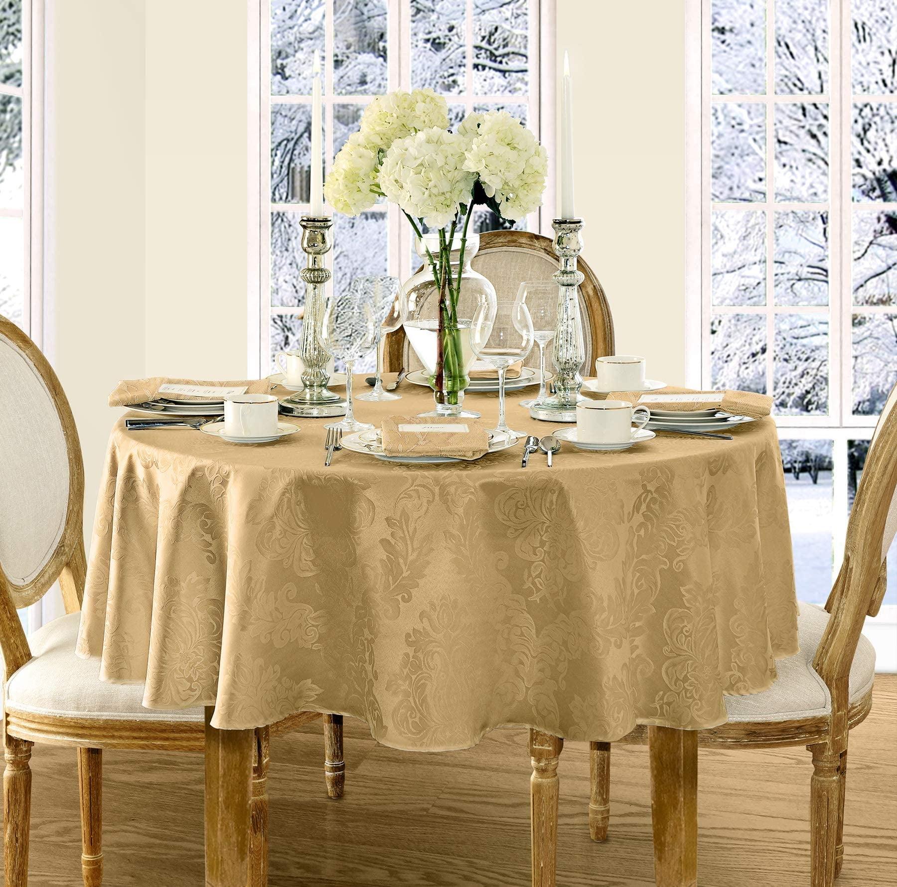 Barcelona Jacquard Damask Stain Resistant Tablecloth - 60" x 84" Oval - Gold - Elrene Home Fashions