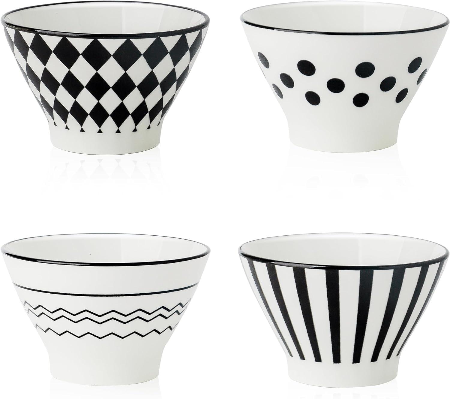 Set of 4 Black and White Ceramic Patterned Bowls