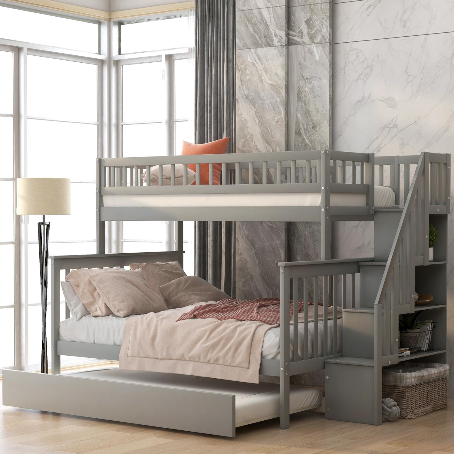 Streamdale Twin over Full Bunk Bed with Trundle and Staircase,Gray