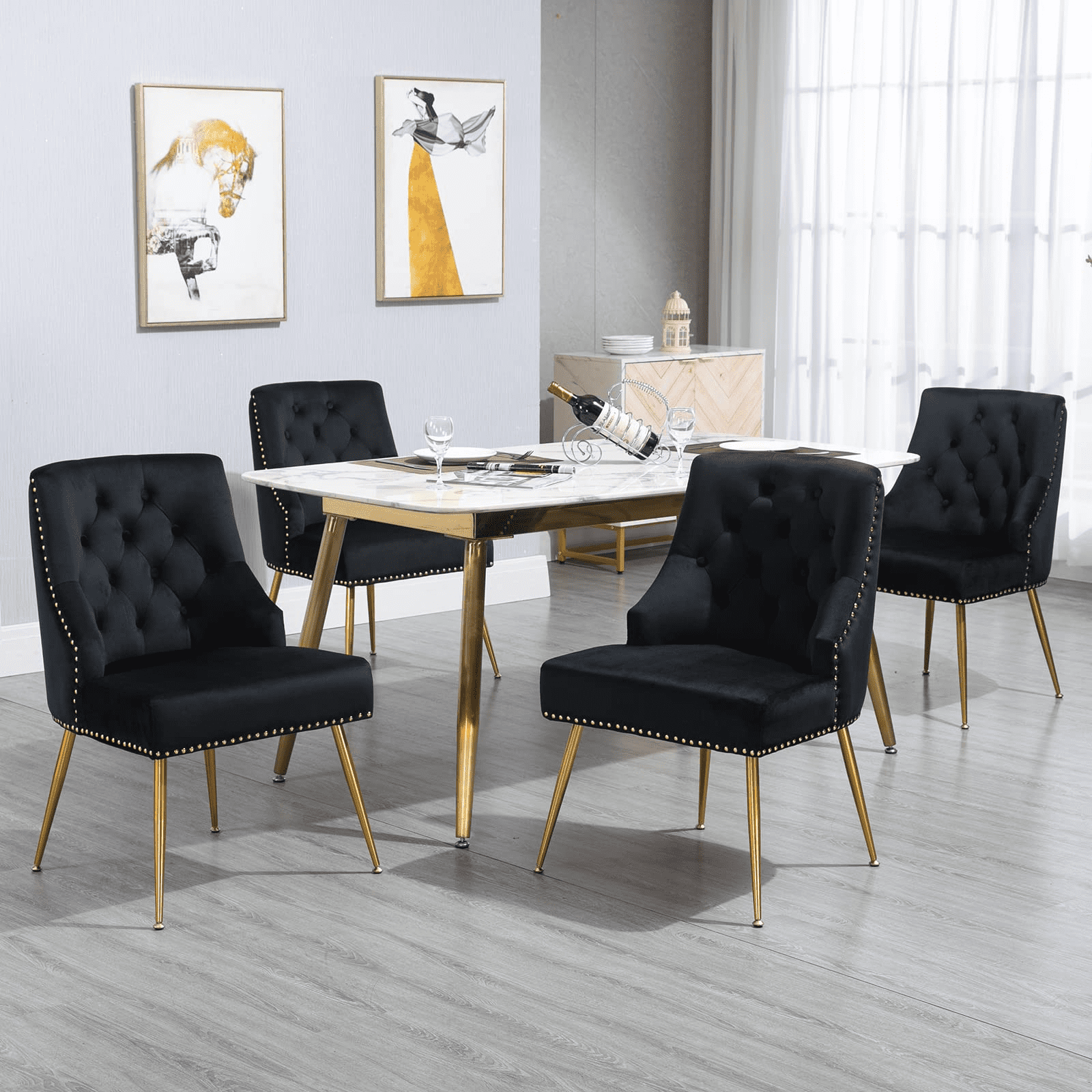 Black Velvet Tufted Side Chairs with Gold Metal Legs, Set of 4