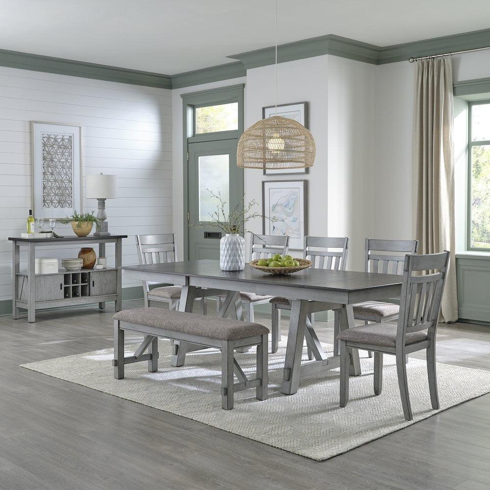 Newport Gray 6-Piece Trestle Dining Table Set with Upholstered Chairs and Bench