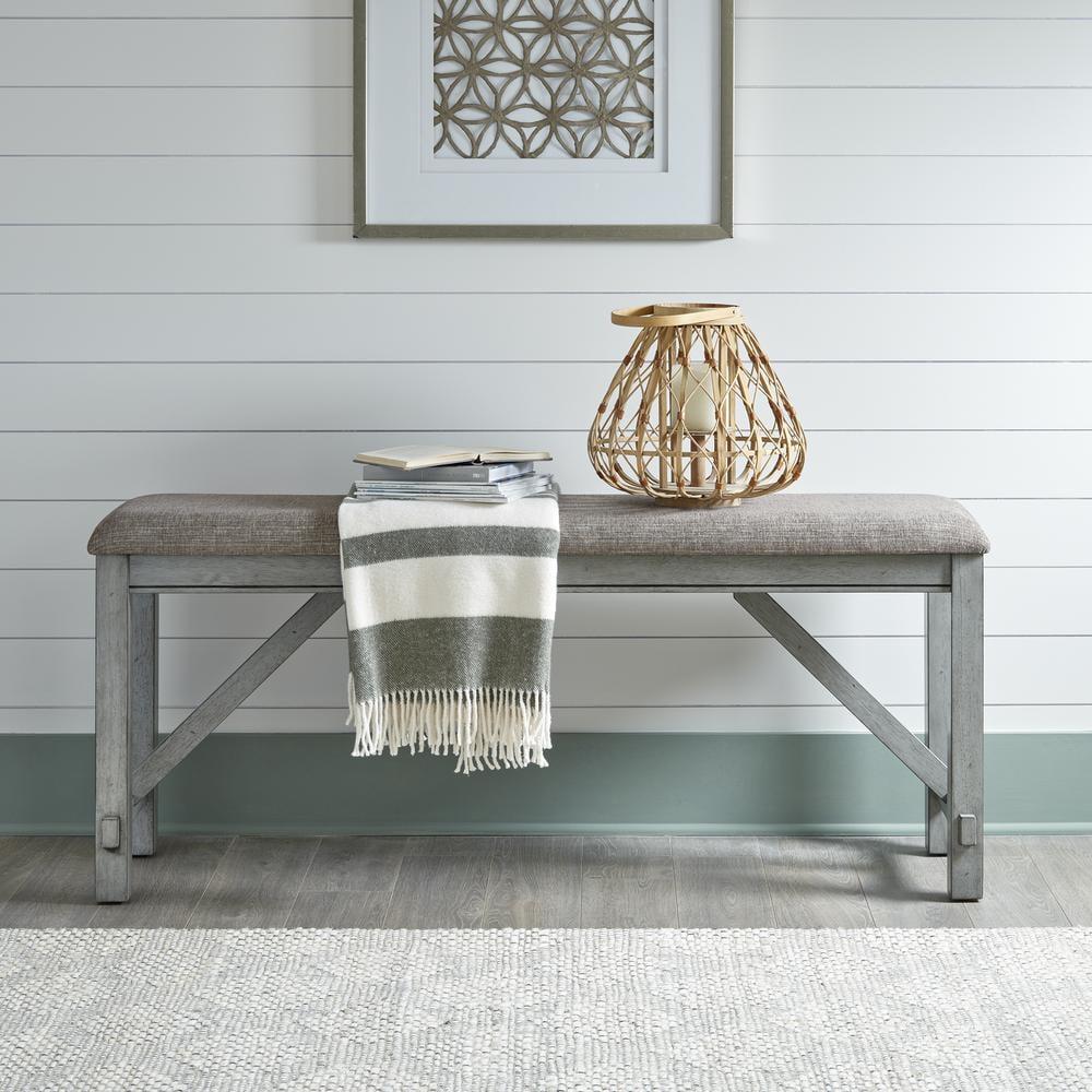 Gray Linen Upholstered Counter Height Dining Bench with Smokey Finish