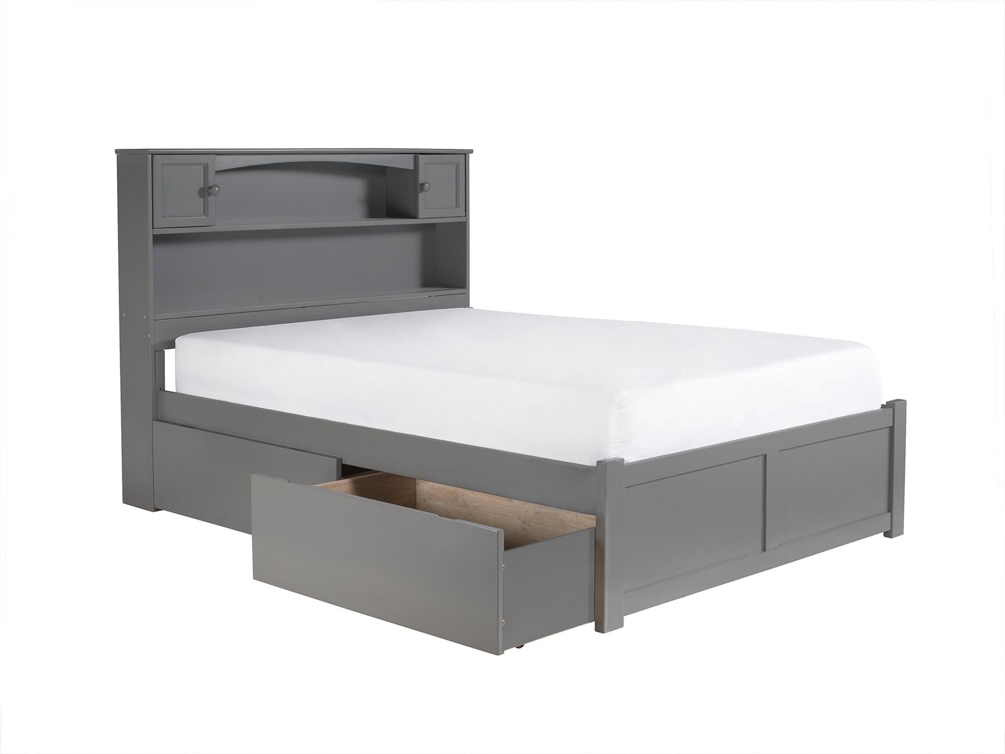 Gray Full Wood Platform Bed with Storage Drawers and Bookcase Headboard