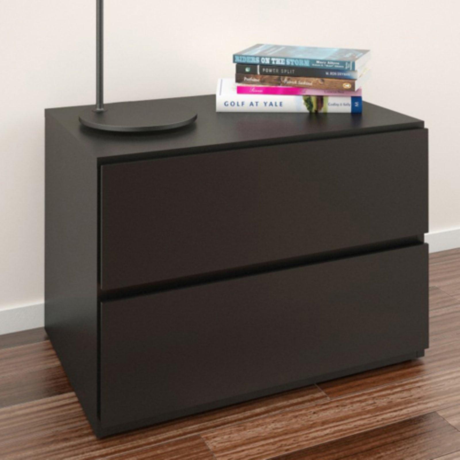 Sleek Modern Black Nightstand with Charging Station and Storage Drawer