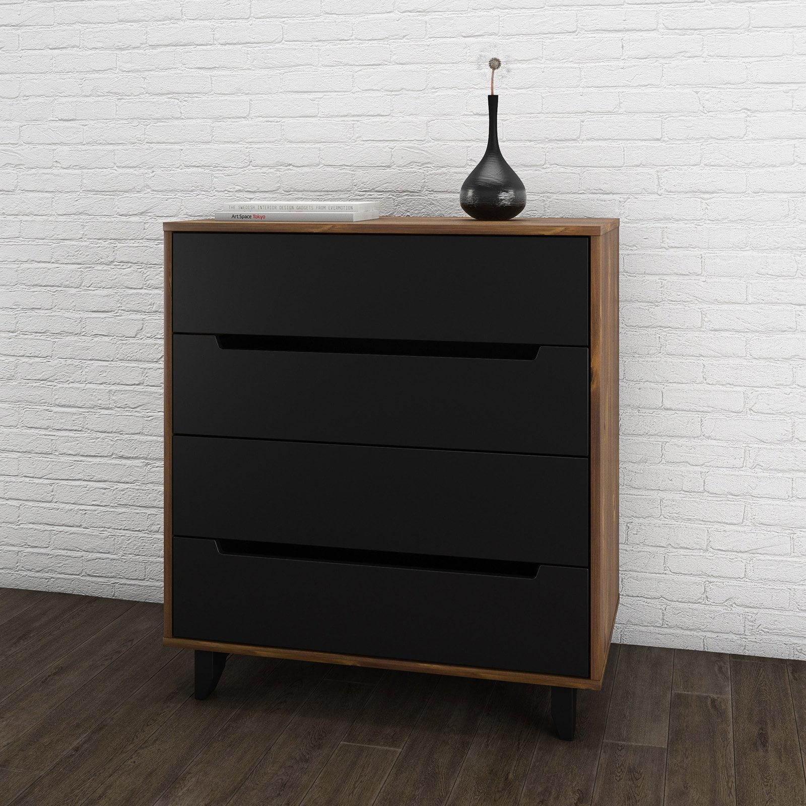 Truffle Black Industrial 4-Drawer Chest with Carved Matte Accents