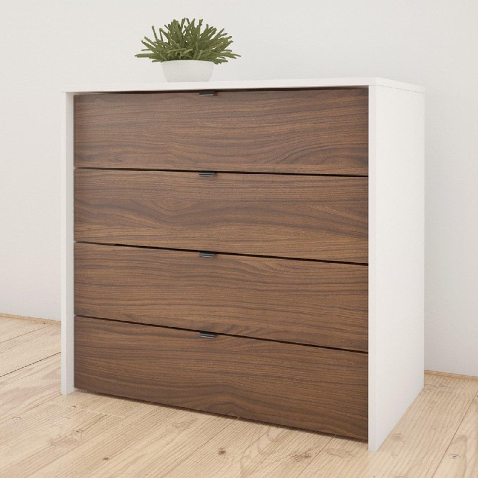 Modern White and Walnut 4-Drawer Chest with Sleek Metal Handles