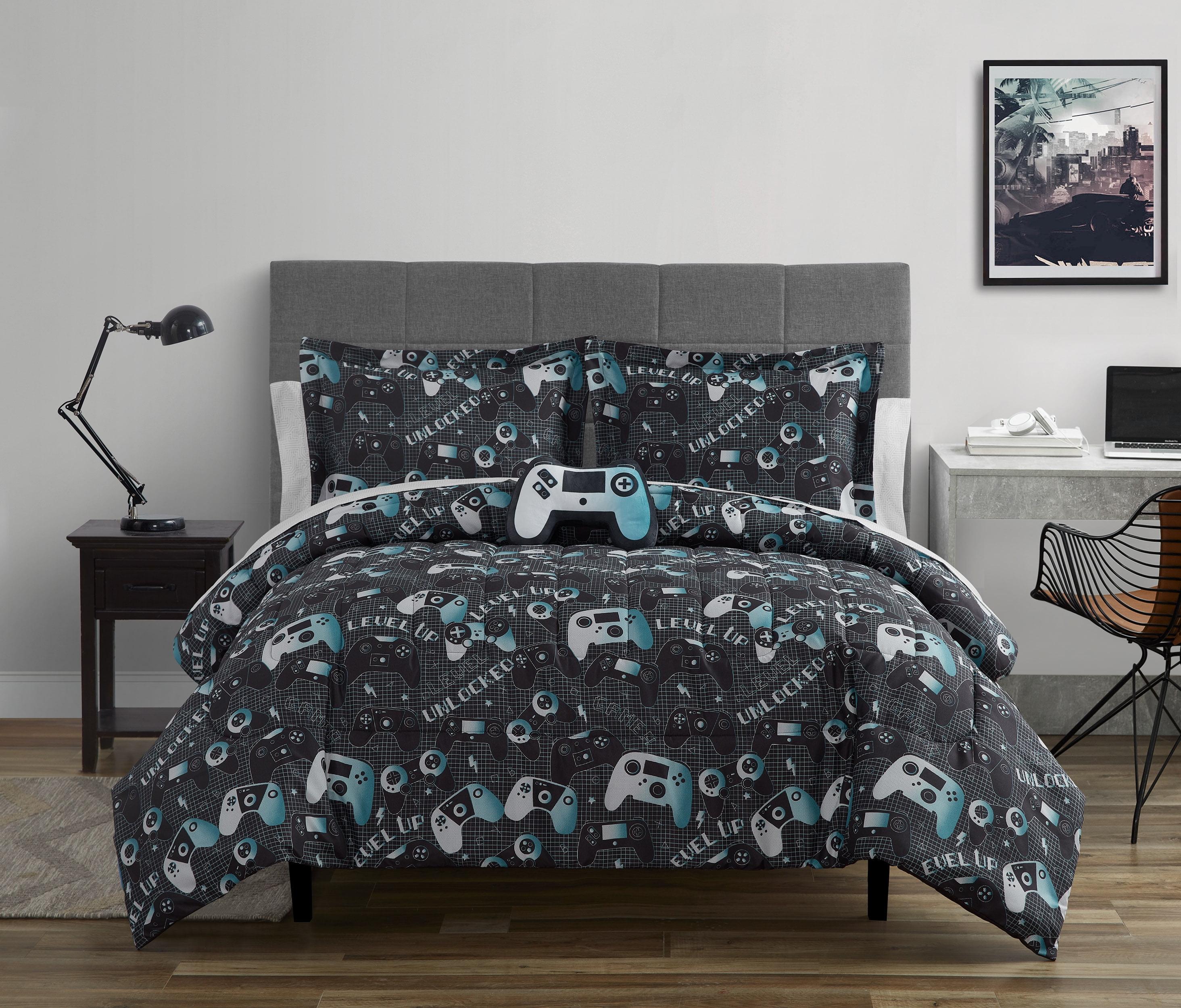 Twin Gray and Aqua Reversible Gaming Microfiber Comforter Set