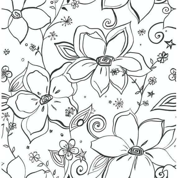 NextWall Black & White Linework Floral Peel and Stick Wallpaper
