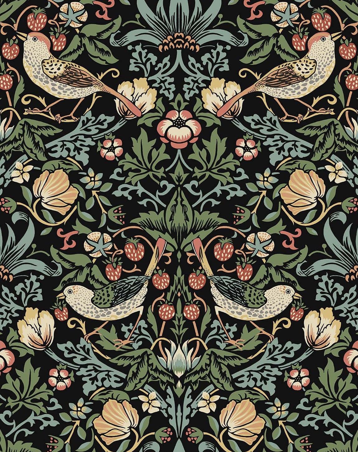 NextWall Aves Garden Peel and Stick Wallpaper Black: Whimsical Vintage Bird & Floral Design, Repositionable, Washable