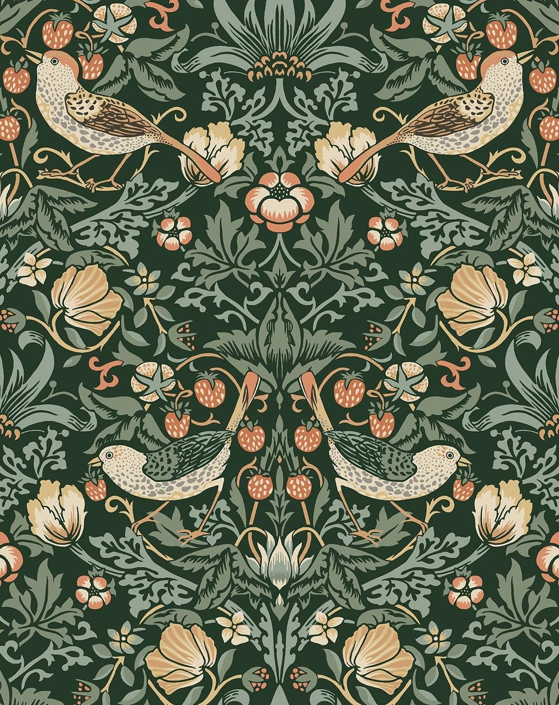 NextWall Aves Garden Peel and Stick Wallpaper Green: Vintage Bird & Floral Design, Repositionable, Washable, 30.75 Sq Ft Coverage