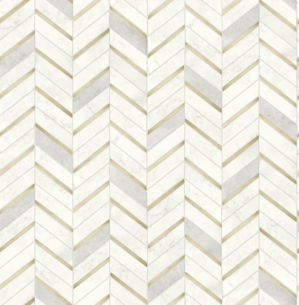 NextWall Faux Chevron Marble Tile Peel and Stick Wallpaper: Self-Adhesive, Repositionable, Washable, Gold, 30.75 Sq Ft Coverage