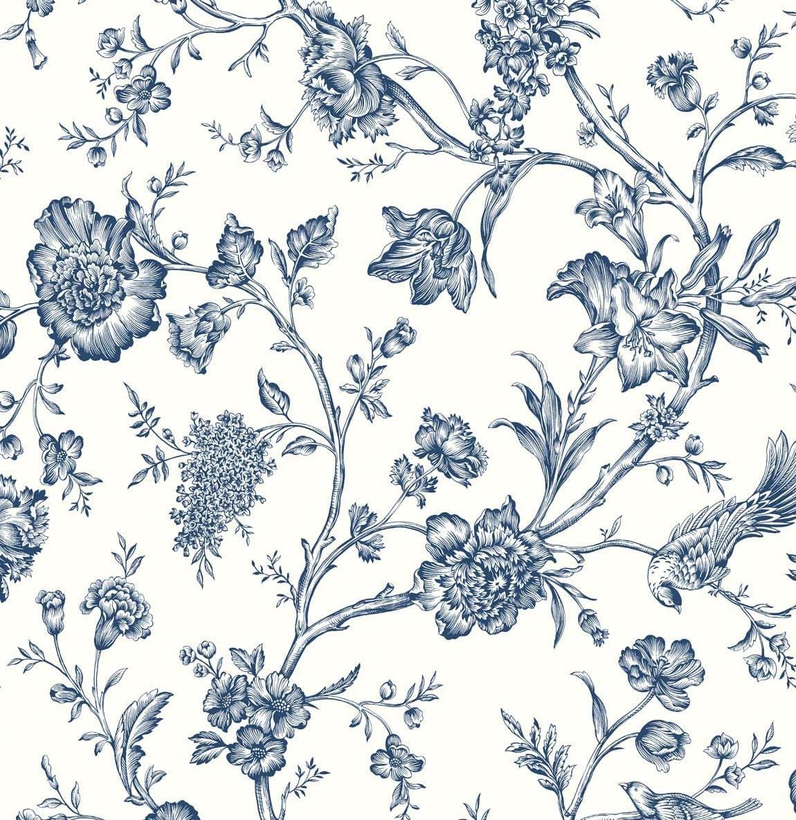 NextWall Navy Blue Jasmine Chinoiserie Peel and Stick Wallpaper
