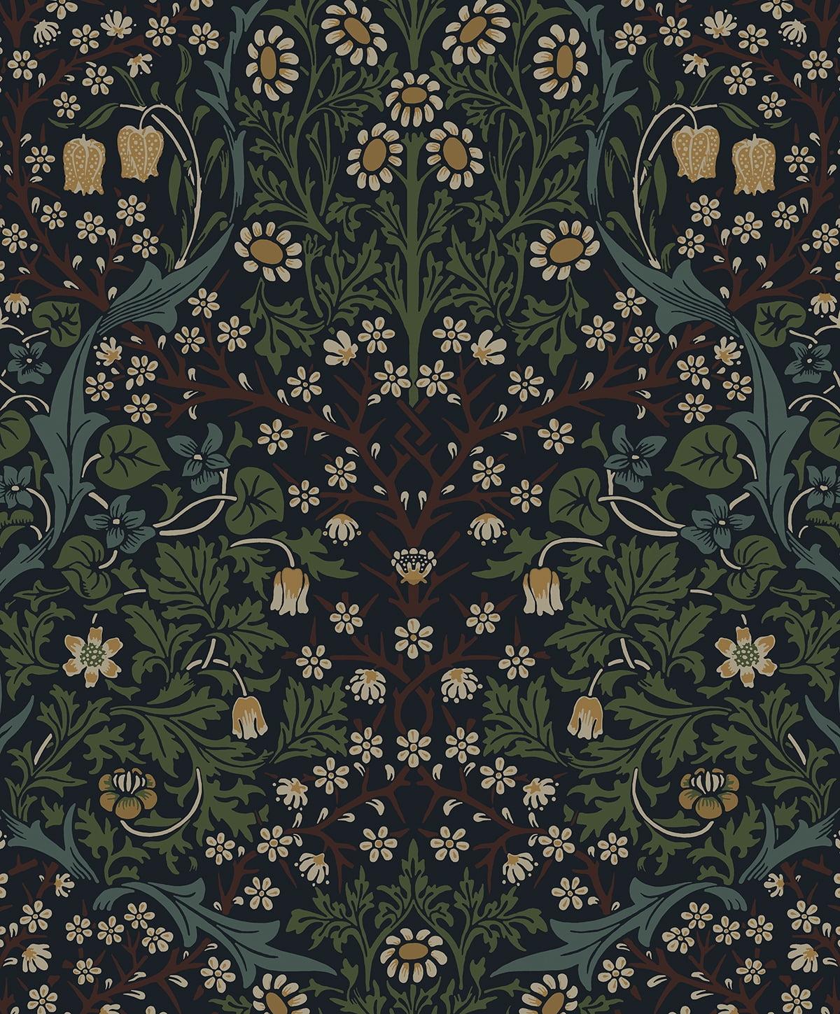 Midnight Blue and Evergreen Damask Floral Peel and Stick Wallpaper