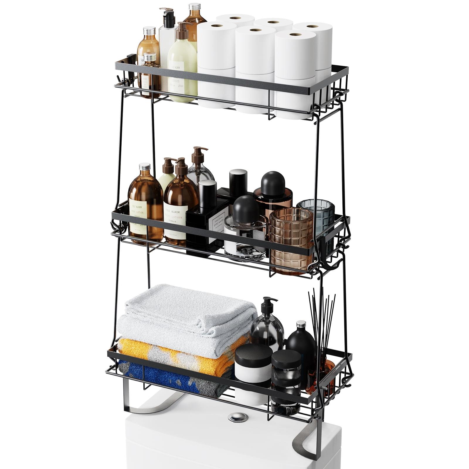 NiHome Waterproof Iron 3-Shelf Bathroom Organizer with Hooks, Black