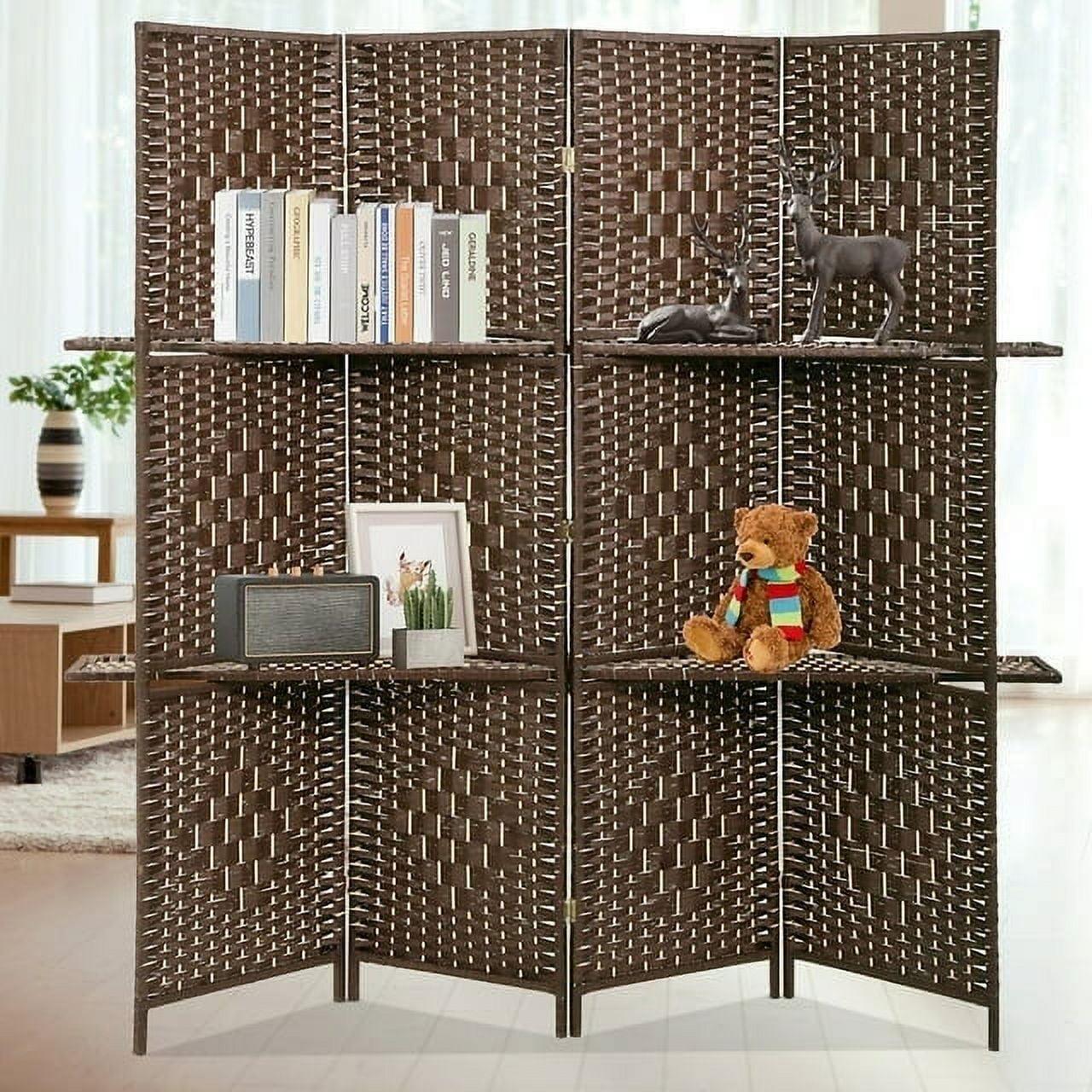 FDW Versatile 4 Panel Folding Room Divider Screen Divider Wooden Screen Folding Portable Partition with Built-in Shelves Stylish, Brown