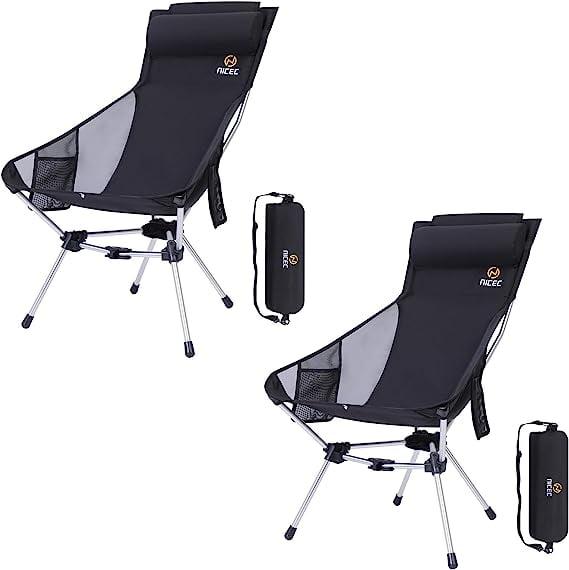 Nice C Ultralight High Back Folding Camping Chair, Backpacking Chair, Compact & Heavy Duty Outdoor, Travel, Picnic, Festival with 2 Side Pockets, Pillow &Carry Bag (Set of 1 Black)