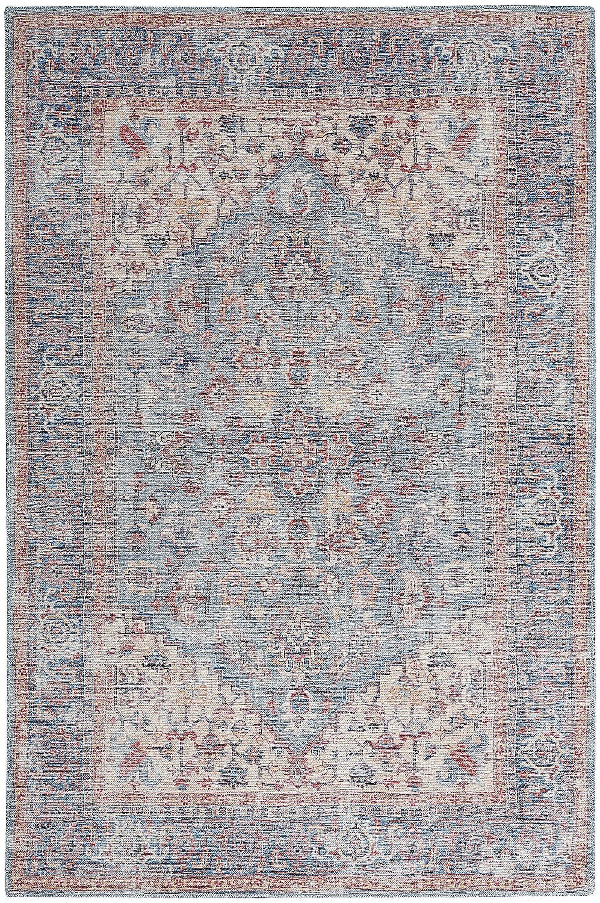 Vintage-Style Blue Floral Medallion Cotton Chenille Area Rug, 5'3" x 7'3"