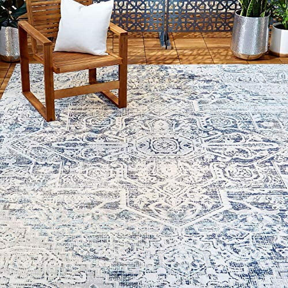 Sofia Fleur Navy Blue Aqua Medallion Indoor Outdoor Rug