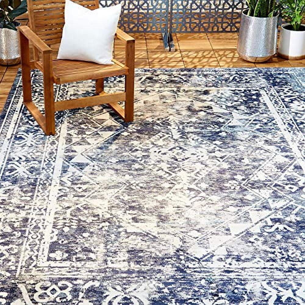 Nicole Miller New York Patio Sofia Ivy Distressed Indoor/Outdoor Area Rug, Navy Blue/Ivory