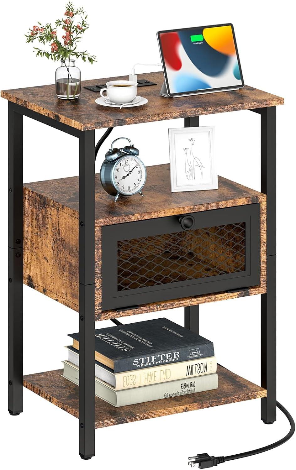 Brown 3-Tier Nightstand with USB Ports and Drawer