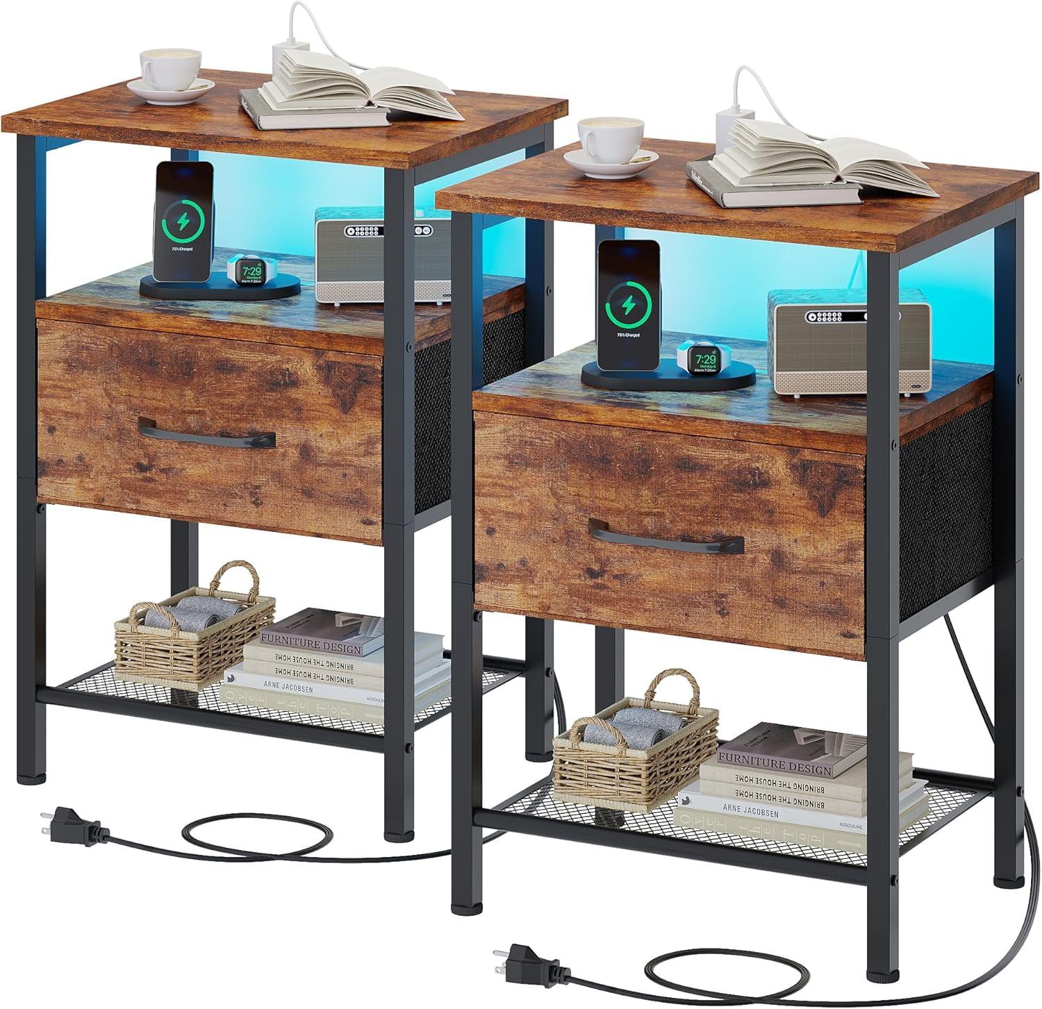 Rustic Brown 3-Drawer Nightstand Set with Charging Station and LED Light