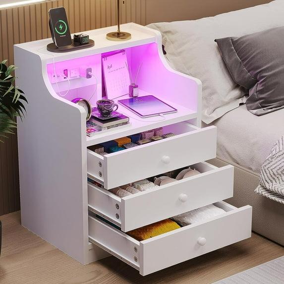 Night Stand with Hutch and 3 Drawers ,Nightstand with Charging Station and LED Lights,Modern End Side Table for Bedroom,White