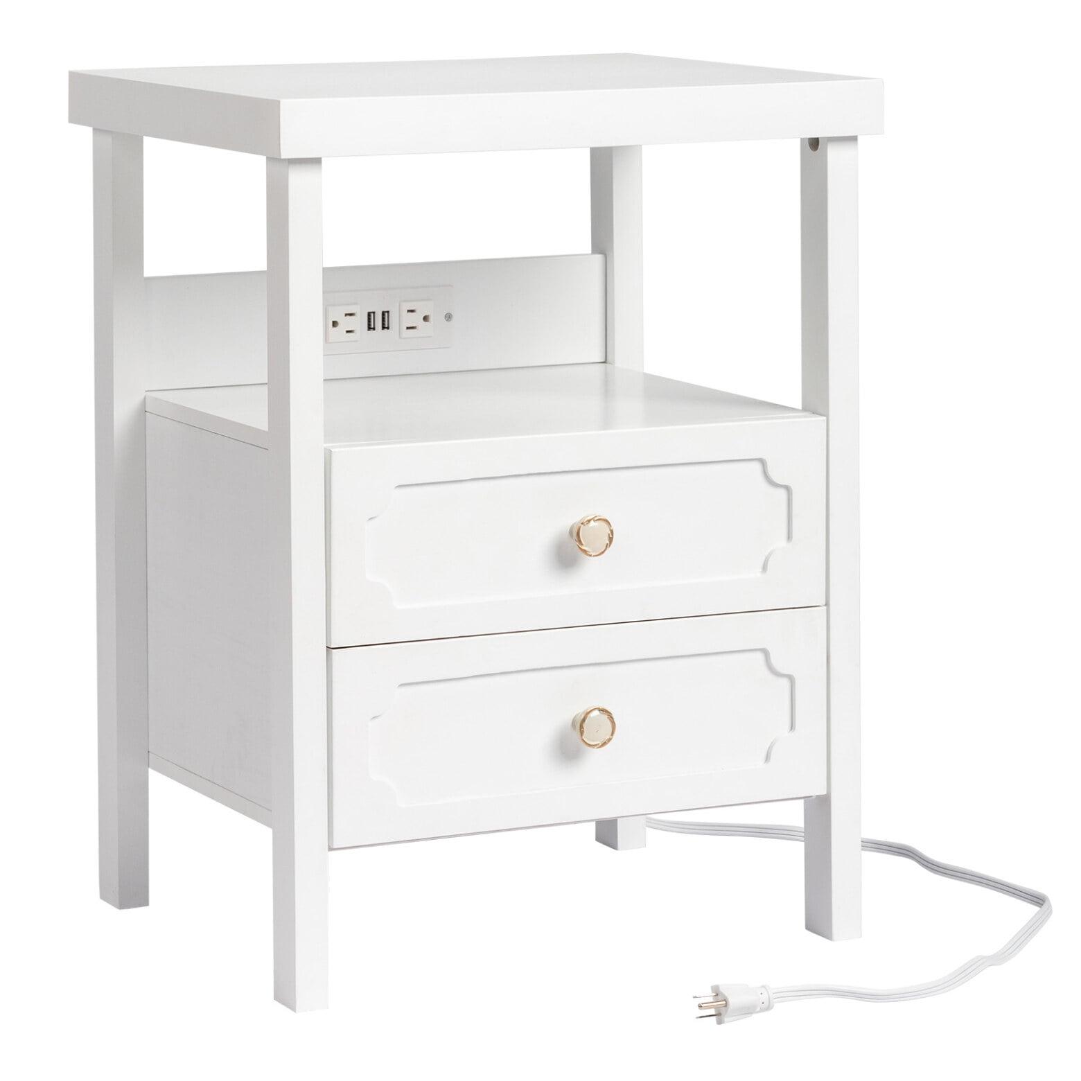 White 2-Drawer Wooden Nightstand with Open Shelf