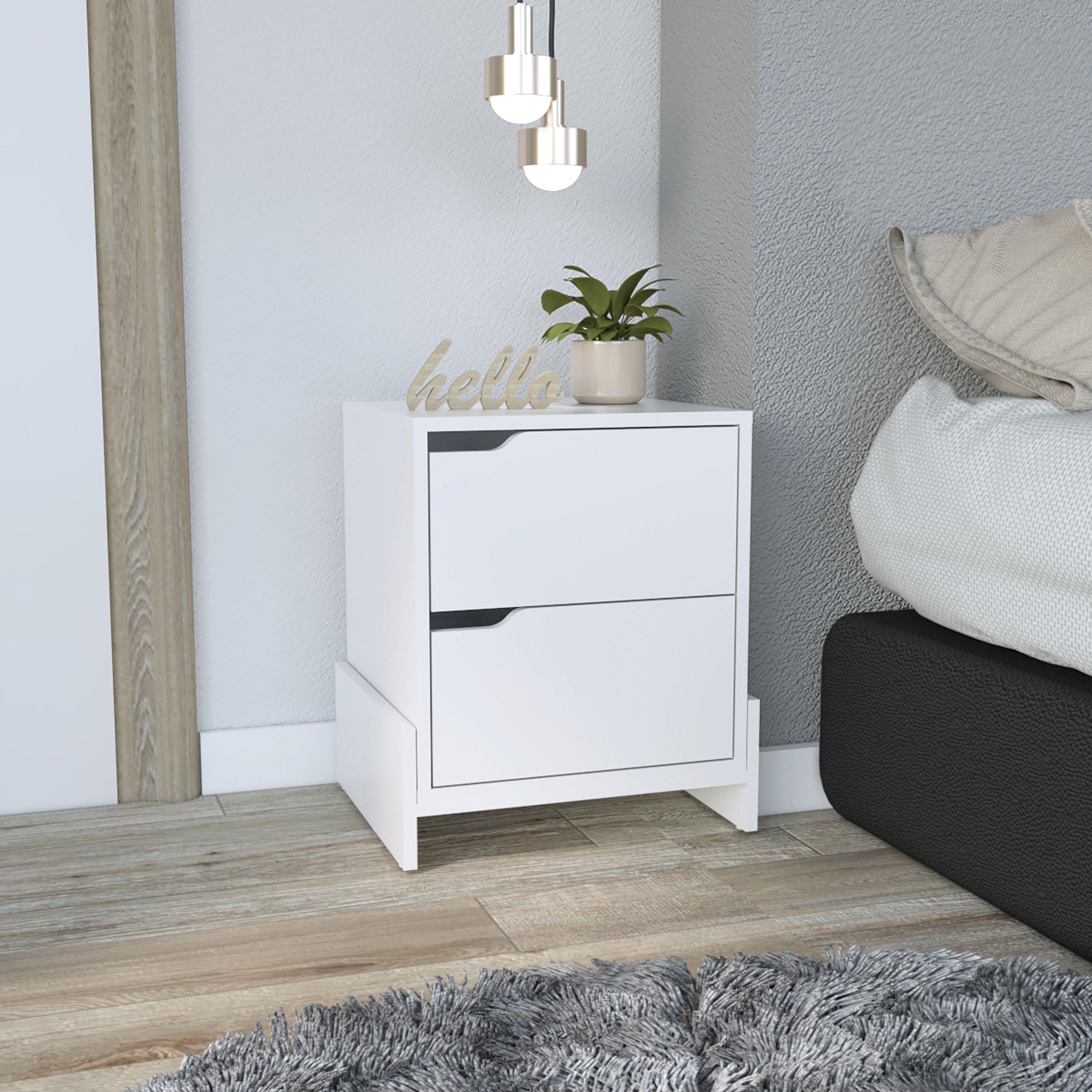 White Engineered Wood 2-Drawer Nightstand with Sturdy Base