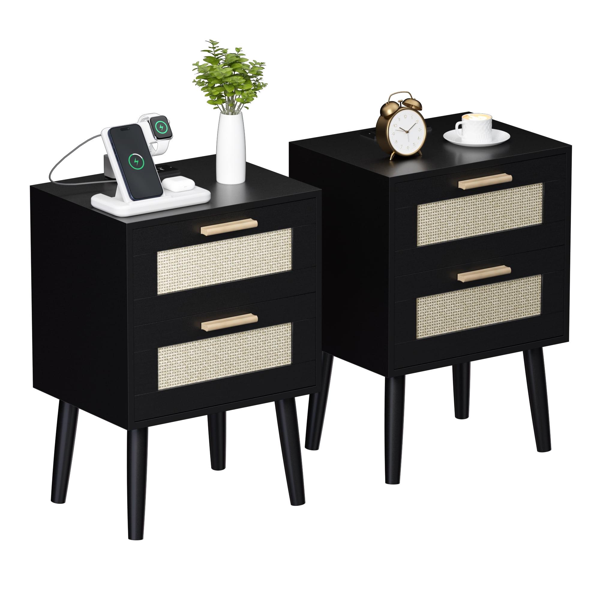 Black Rattan 2-Drawer Nightstands with Charging Station