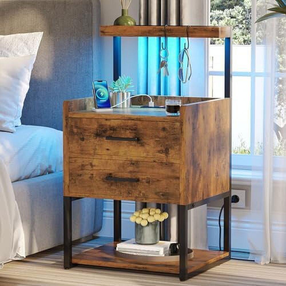 Brown LED Night Stand with Charging Station, Modern Bedside Table for Bedroom