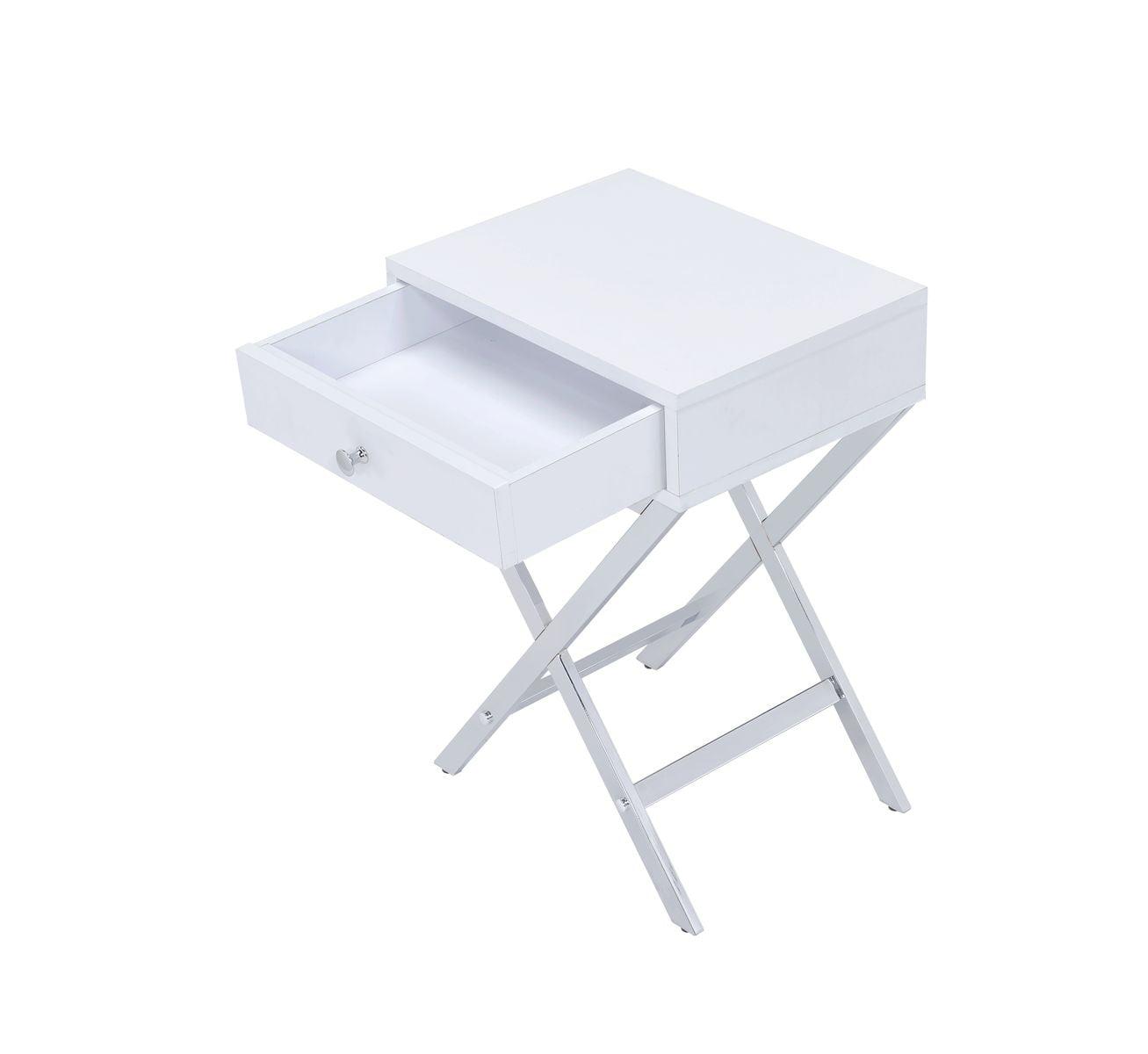 Contemporary White and Silver Wood-Metal Nightstand with Drawer