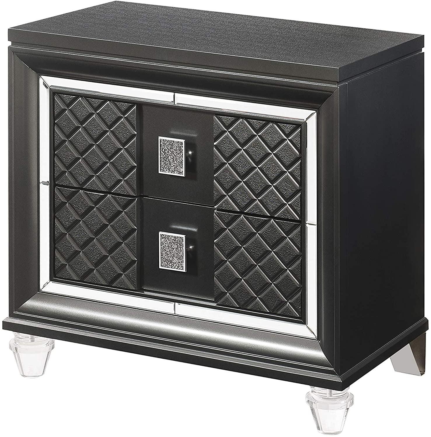 30" Gray Solid Wood Nightstand with Acrylic Legs and Embossed Fronts