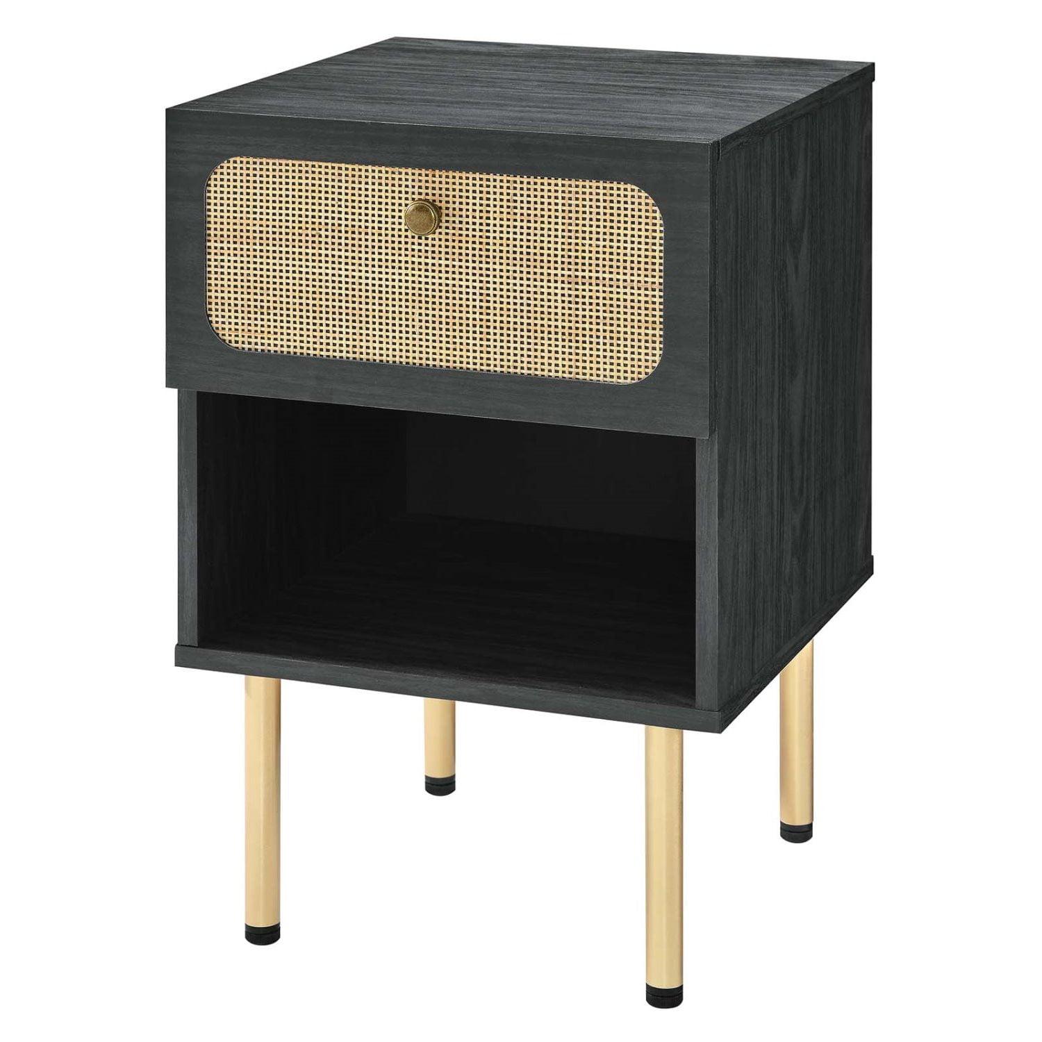 Chaucer Oval Rattan Weave 1-Drawer Nightstand in Black/Gold