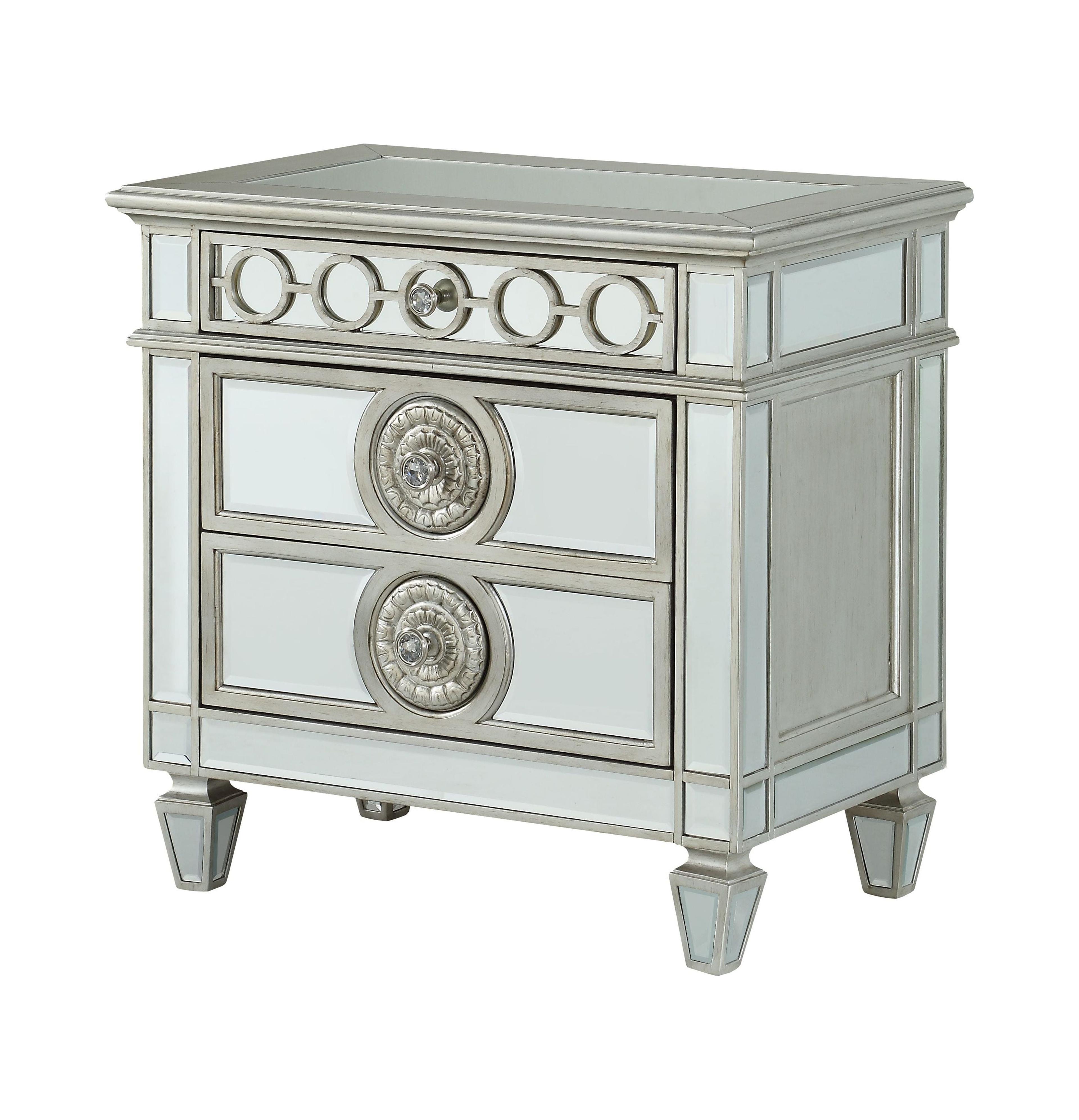 Elegant Silver Mirrored 2-Drawer Nightstand with Geometric Trim