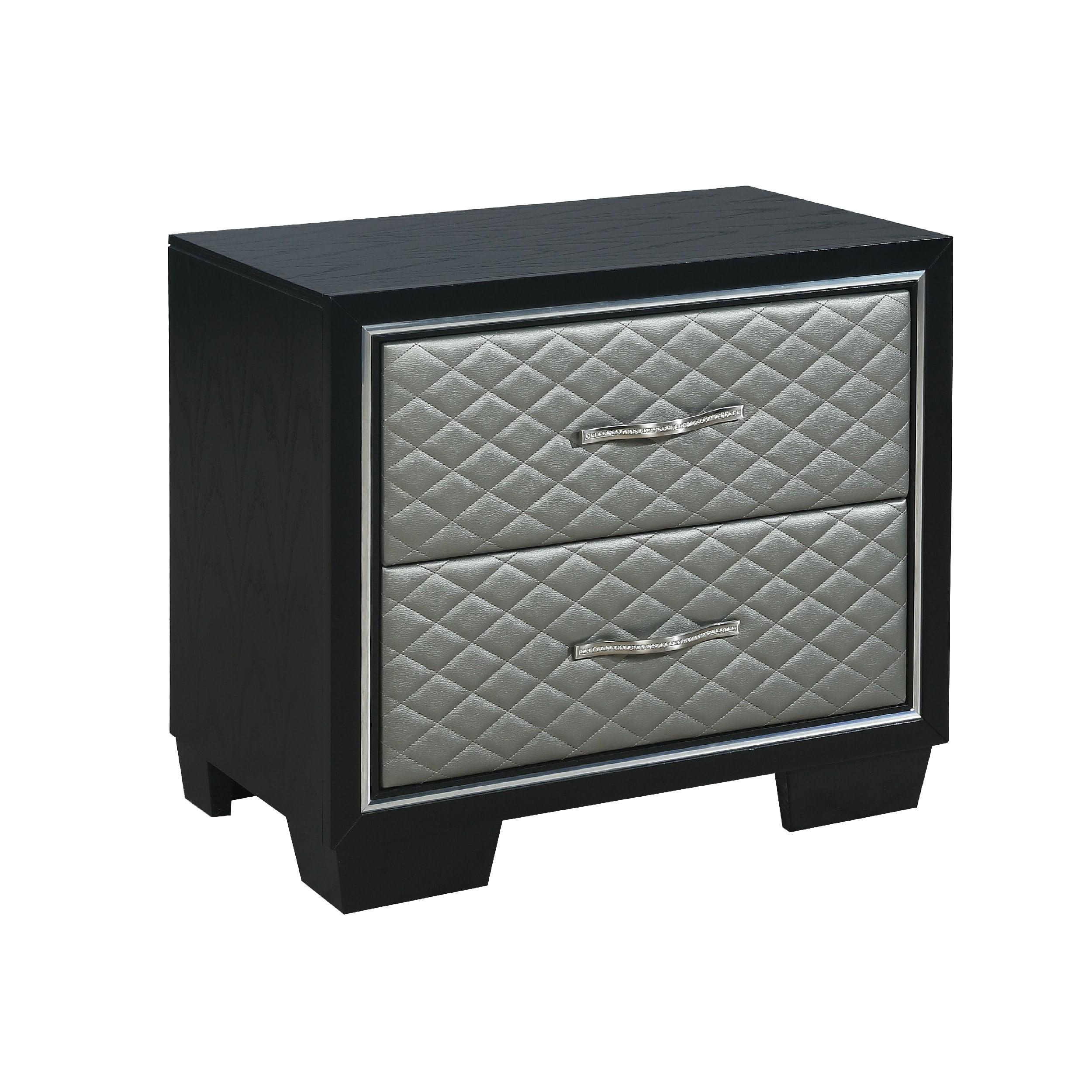 Elegant Black Poplar Wood Nightstand with Silver Faux Leather Drawers