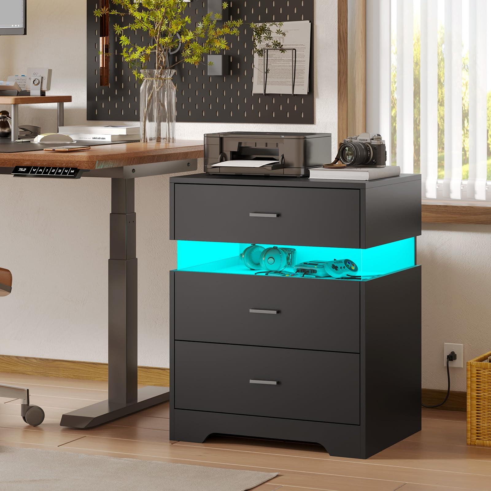 Black MDF Nightstand with LED Lights and Charging Station