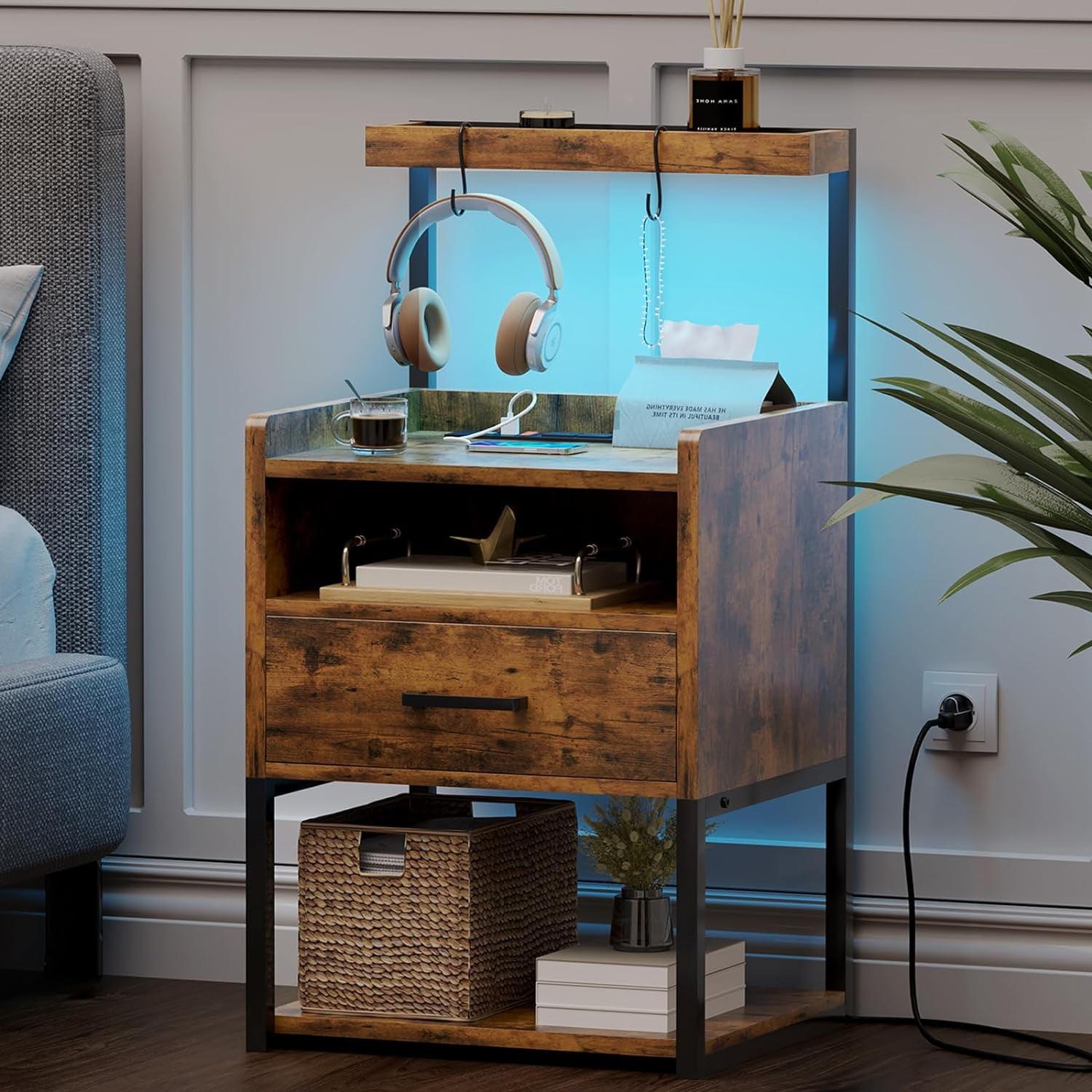 Rustic Brown 3-Drawer Nightstand with LED Lights and Charging Station