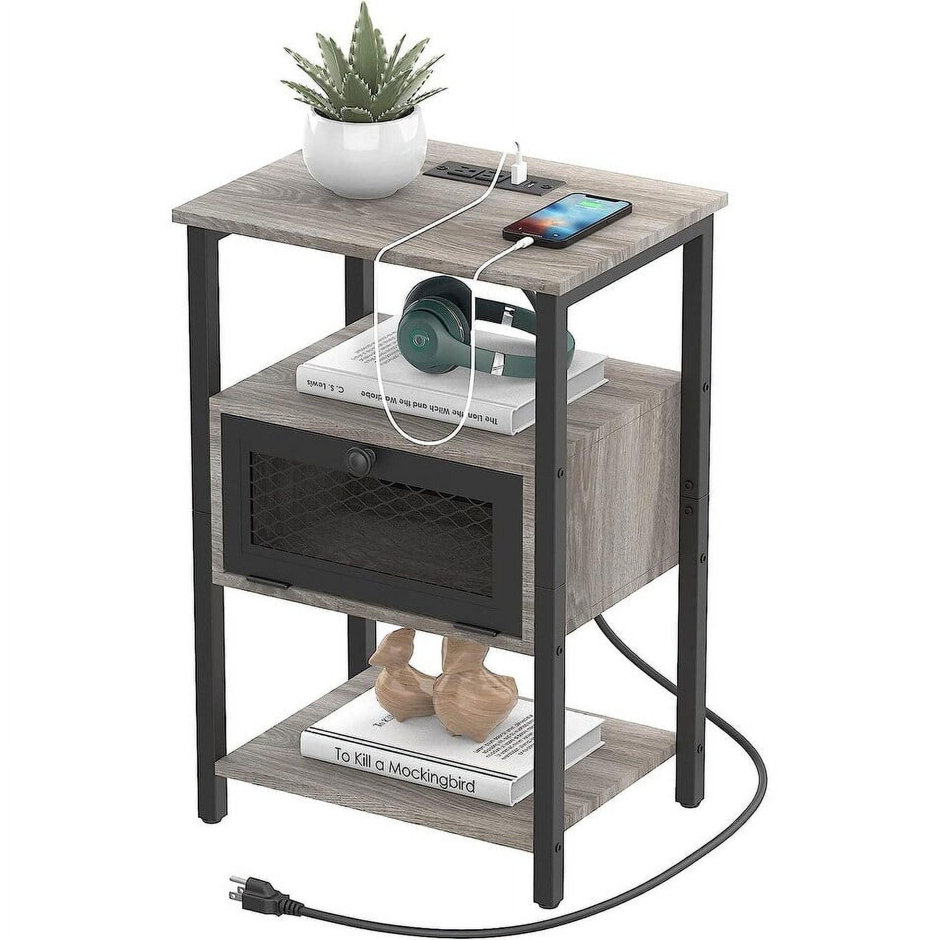 Nightstand with Charging Station, Drawer Grey - 1-drawer